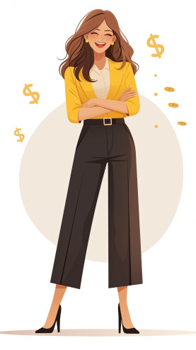 Lachende Frau mit schwebenden Dollarzeichen – Symbol für Klarheit, Vertrauen und erfolgreiche Finanzberatung durch eine FinanzFachFrau.