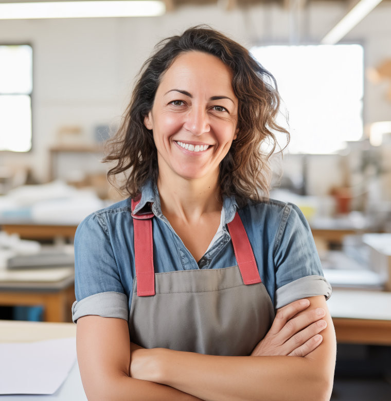 Selbstständige Unternehmerin steht in ihrer Werkstatt – symbolisiert Eigenverantwortung, finanzielle Stärke und Weitblick.